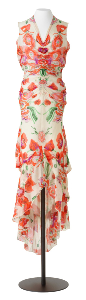 Maison Schiaparelli, Jacques-Henri Lartigue, Maison Bianchini-Férier (fabricant), Robe longue, Paris ; Lyon, vers 1937. MT 2018.1.1 © Lyon, musée des Tissus / Pierre Verrier